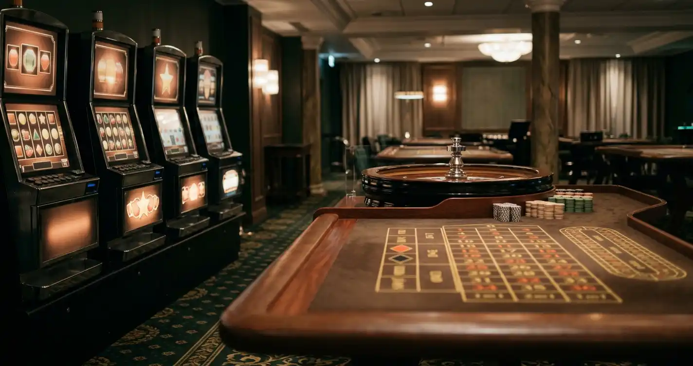 Spelautomater och ett roulettebord i en dämpat belyst kasinomiljö