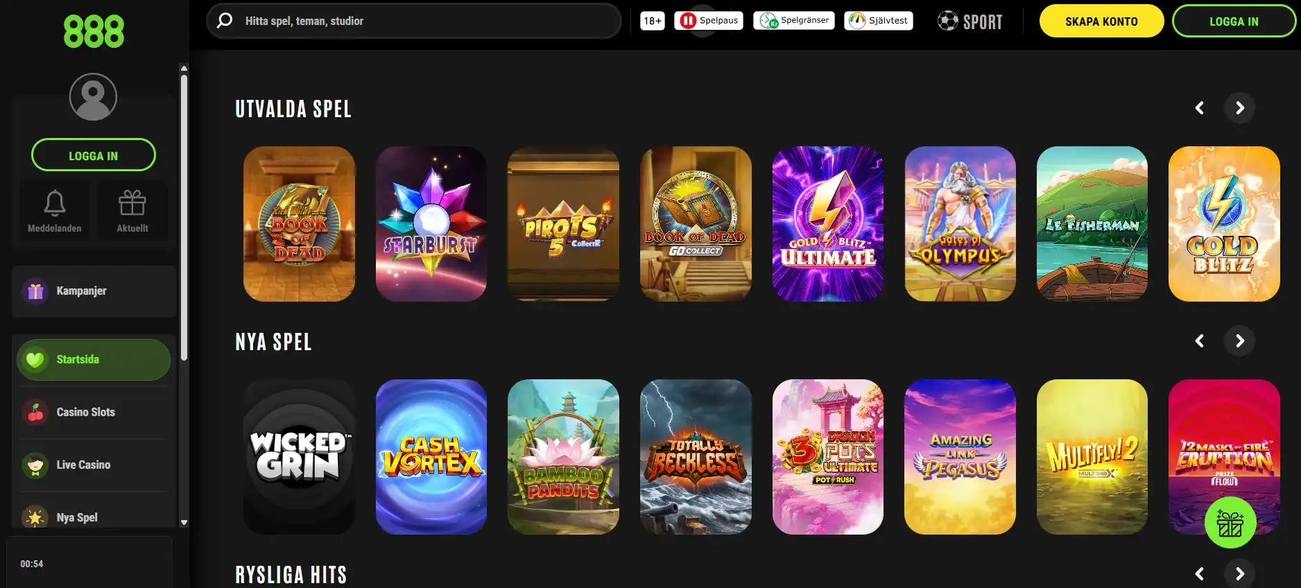 Skärmbild av den officiella svenska 888casino-webbplatsens startsida