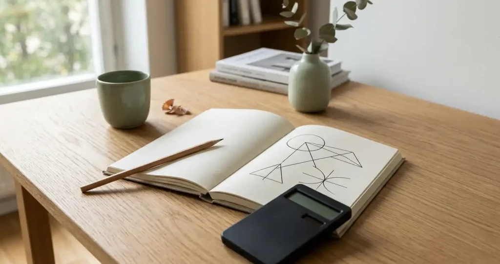 Anteckningsbok med abstrakta matematiska figurer bredvid en miniräknare på ett bord