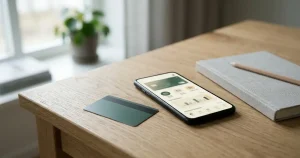 Bankkort och mobiltelefon intill en anteckningsbok på ett ljust träbord