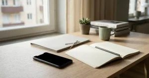 Mobiltelefon och stängd dokumentmapp på ett ljust skrivbord