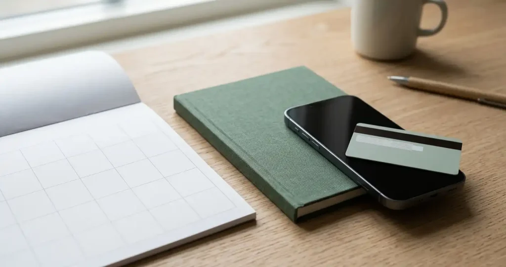 Kalender och anteckningsbok intill en avstängd mobiltelefon på skrivbord