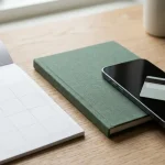 Kalender och anteckningsbok intill en avstängd mobiltelefon på skrivbord